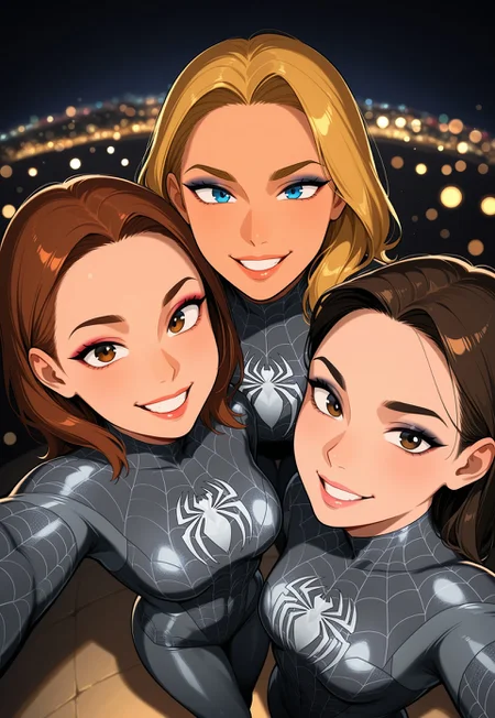 from above, 3girls, group photo, selfie, smile, makeup, lips, teeth,grey spider-man bodysuit, looking at viewer, downtown, at night, blurry background, bokeh