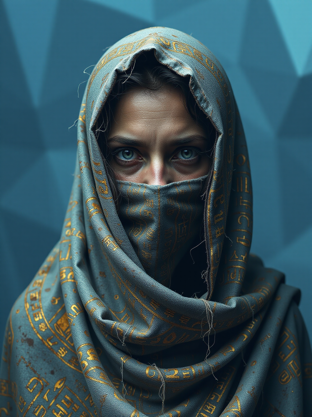 an ancient, cloaked female figure with piercing eyes, face covered in dust and dirt, their face wrapped in fabric adorned with extremely intricate gold hieroglyphs, set against an abstract, polygonal blue gradient background. The cloth appears worn and frayed, with strands of cobwebs catching the light, evoking a sense of age and decay. The background’s geometric facets shift from light to dark blue, creating a sense of depth that feels cold and detached, as if the figure exists within a frozen, digital void. Every wrinkle, stitch, and golden symbol on the fabric is detailed, revealing a story etched into the cloth. The icy blues of the background offer a stark contrast, amplifying the figure’s ancient aura. This composition weaves together themes of antiquity and futurism, drawing the viewer into a world where the past is preserved within a crystalline digital space.


