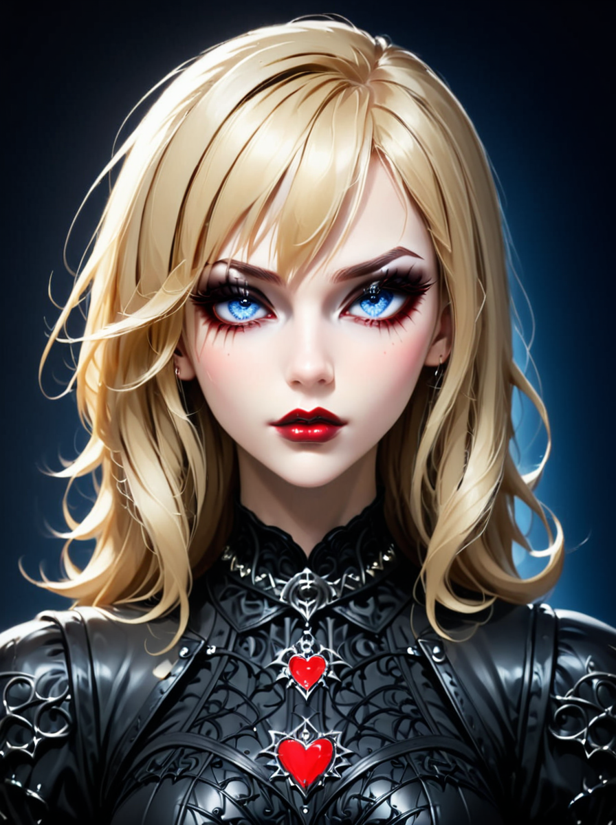 masterpiece,high detail,<lora:gothicStyleNextPony:0.8>,
gothicstylenext, 1girl,(fully clothed), slim figure, nicely outlined calf muscles, red-burgundy pronounced lips, closed mouth, aroused, passion, simple background, blonde hair, swept bangs, very long hair, gothic body armor, goth accessories, goth makeup, beautiful eyes, bright colors, high contrast, vivid lighting, rating_safe, BREAK, sapphire blue eyes, up close, neon hearts lights dark, chiaroscuro, low-key