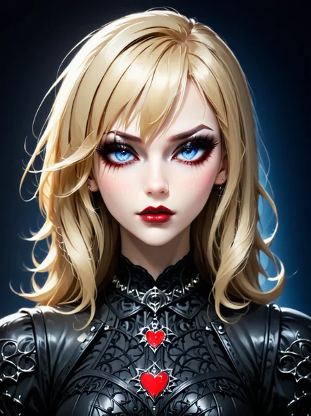 masterpiece,high detail,<lora:gothicStyleNextPony:0.8>,
gothicstylenext, 1girl,(fully clothed), slim figure, nicely outlined calf muscles, red-burgundy pronounced lips, closed mouth, aroused, passion, simple background, blonde hair, swept bangs, very long hair, gothic body armor, goth accessories, goth makeup, beautiful eyes, bright colors, high contrast, vivid lighting, rating_safe, BREAK, sapphire blue eyes, up close, neon hearts lights dark, chiaroscuro, low-key
