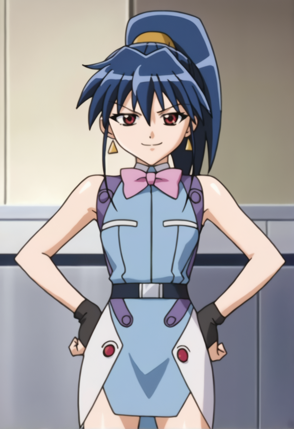 score_9_up, scorce_anime, misty_cornwell, blue hair, 1girl, solo. ponytail, jewelry, earrings, red eyes. looking at viewer, high ponytail. bow, bowtie, pink bow, sleeveless, gloves, bare shoulders, fingerless gloves, dress, shirt, skirt. standing. smug. hands on hips.