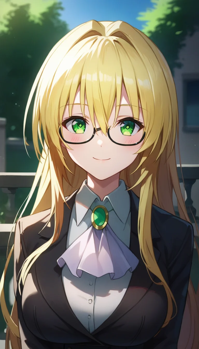 score_9,score_8_up,score_7_up,score_6_up BREAK official art,solo,outdoors,upper body,(portrait:1.5),looking at viewer,facing viewer,smile,blush,Tearju Lunatique,very long hair,blonde hair,hair intakes,sidelocks,hair between eyes,bangs,green eyes,glasses,black jacket,wing collar,jewelry,green brooch,white ascot,collared shirt,white shirt,long sleeves,large breasts,pencil skirt,black skirt,brown pantyhose,high heels,black footwear,<lora:Tearju Lunatique(tlr)-Pony:1.5>,