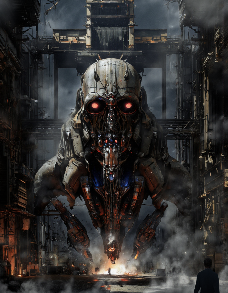 Art by Col Price & Arthur Yuan.
A digital illustration shoot from a frontal camera angle about a stylized, abstract composition featuring a futuristic, metallic skull with glowing red eyes, set against a dark, smoky industrial background. the skull is positioned in the center of the image, surrounded by a chaotic, industrial setting with smoke, cranes, and other structures. the background is filled with industrial elements such as metal structures, pipes, and machinery, creating a sense of chaos and destruction. on the middle of the skull, a large, metallic structure with intricate details and glowing red and blue accents is visible, emitting a plume of smoke and flames. the overall mood is dark and moody, with a focus on the skull and its surroundings.