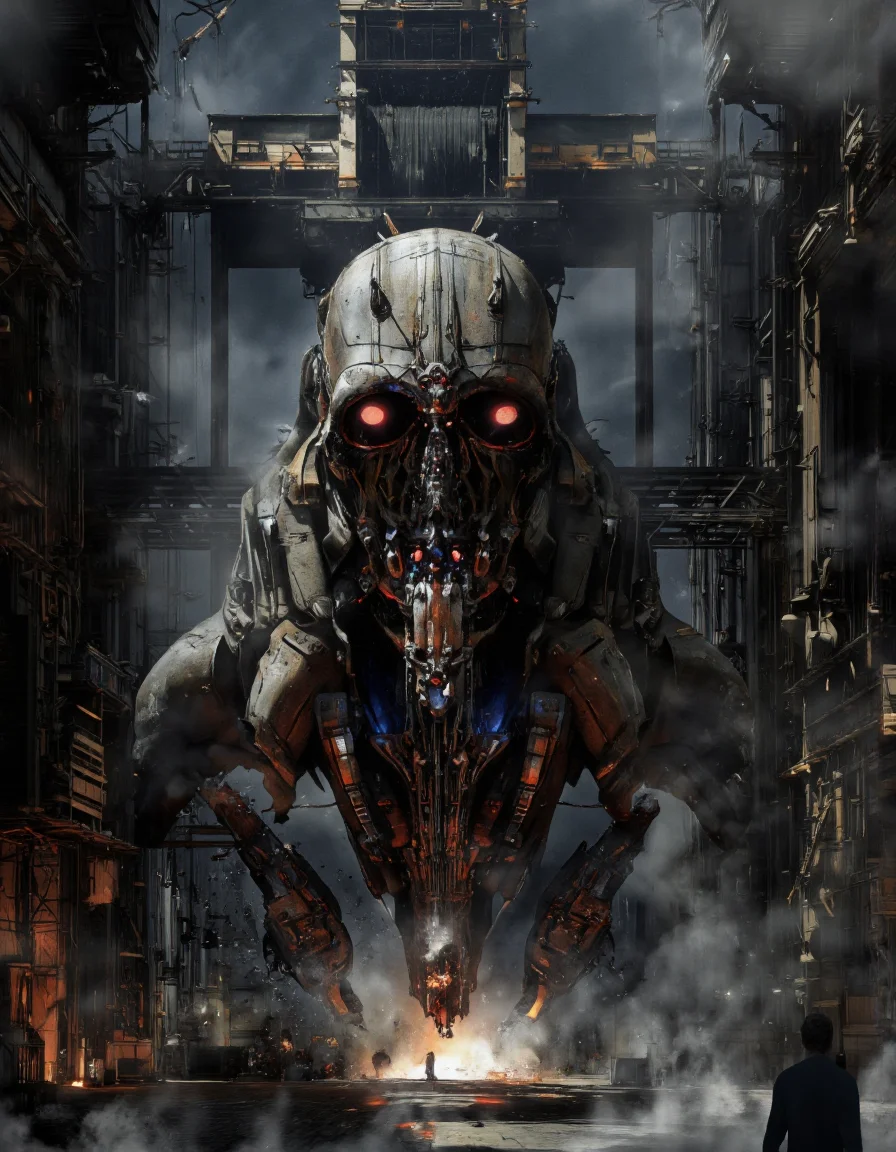 Art by Col Price & Arthur Yuan.
A digital illustration shoot from a frontal camera angle about a stylized, abstract composition featuring a futuristic, metallic skull with glowing red eyes, set against a dark, smoky industrial background. the skull is positioned in the center of the image, surrounded by a chaotic, industrial setting with smoke, cranes, and other structures. the background is filled with industrial elements such as metal structures, pipes, and machinery, creating a sense of chaos and destruction. on the middle of the skull, a large, metallic structure with intricate details and glowing red and blue accents is visible, emitting a plume of smoke and flames. the overall mood is dark and moody, with a focus on the skull and its surroundings.