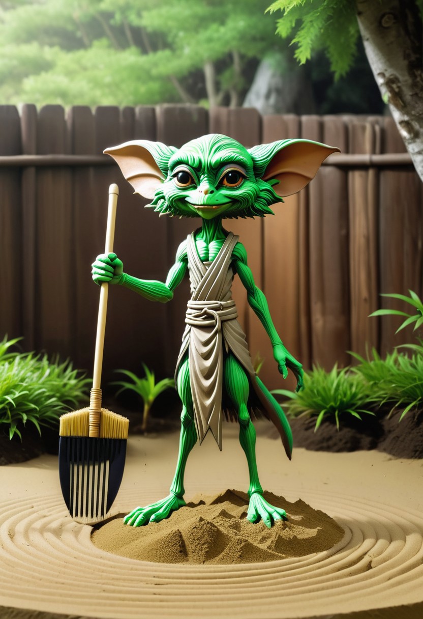 <lora:Everly_Heights_Backgrounds_New_Settings:.5> A serene misty Zen garden in medieval Japan with perfectly raked sand.feminine green skinned gremlin gremlin holds a big rake that is bigger then her, the rake is painted with intricate details decorated, the gremlin is dressed in an apron, also wears multiple pouches with other sand sculpting implements and gardening tools sticking out of them