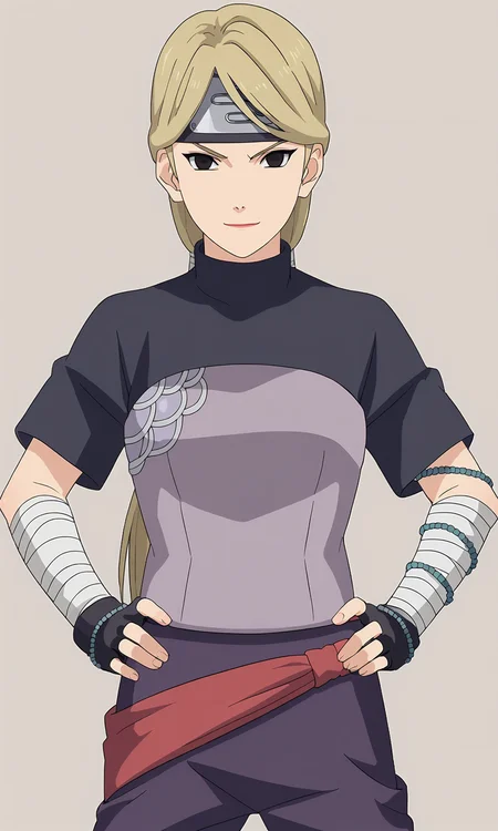 score_9,score_8_up,score_7_up, game cg,
closed up, hand on hip,
yugitore, solo, 1girl, looking at viewer,
black eyes, blonde hair, forehead protector,ponytail,
black and purple blouse, short sleeves, fingerless gloves, bandaged arms, bracelet around arm,
purple pants, red belt,
smile, closed mouth,
simple background,
<lora:Naruto_YugitoNii_RE_PXL-000014:1>