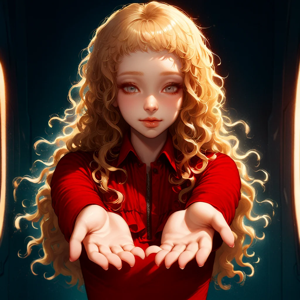 masterpiece, best quality, very aesthetic, kukrushka, 1girl, blonde hair, long hair, grey eyes, solo, lips, wavy hair, red dress, young, (realistic:0.1), spaceship interior, 1 girl with an innocent face, open hands, hug, soft pastel colors, warm lighting, detailed facial expression, by Artgerm and Loish, 4k resolution, vibrant and inviting atmosphere