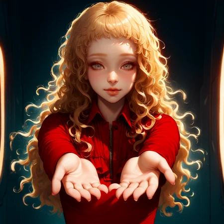 masterpiece, best quality, very aesthetic, kukrushka, 1girl, blonde hair, long hair, grey eyes, solo, lips, wavy hair, red dress, young, (realistic:0.1), spaceship interior, 1 girl with an innocent face, open hands, hug, soft pastel colors, warm lighting, detailed facial expression, by Artgerm and Loish, 4k resolution, vibrant and inviting atmosphere