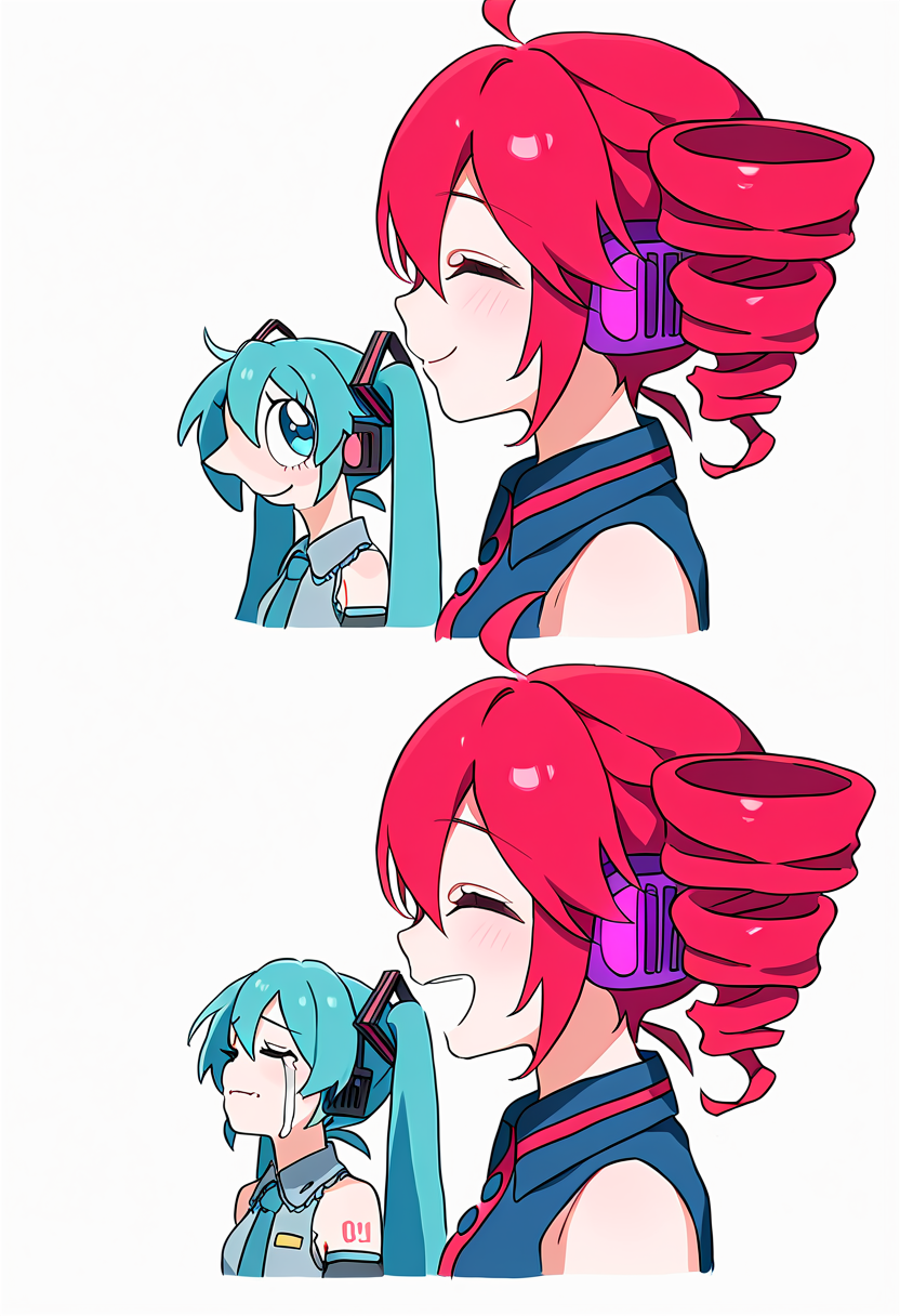 masterpiece, best quality, absurdres, good boy, 2girls, kasane teto, smile, looking at another, hatsune miku, sad, closed mouth, simple background, white background, closed eyes, comic, open mouth, .., crying, <lora:good_boy_meme:1>