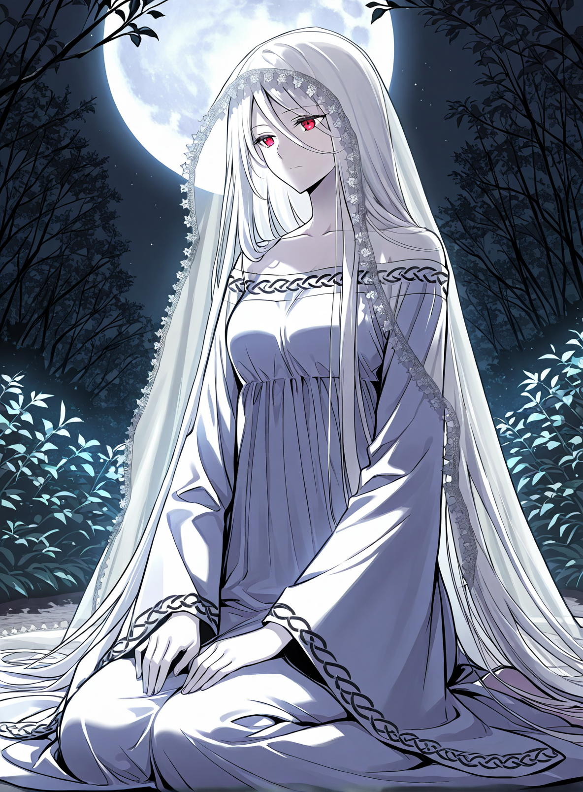<lora:Yuridika__Doom_Breaker__Illustrious:1>
1 girl, red eyes, pale skin, hair between eyes, white hair, very long hair, bangs
white dress, veil, collarbone, wide sleeves, long sleeves, bare shoulders,
score_9, score_8_up, score_7_up, masterpiece, best quality, absurdres, perfect anatomy, 1girl, solo, wariza, sitting, hands on own knees, garden background, night, silver moon,