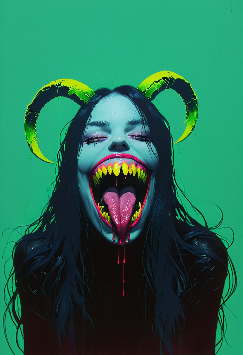 a woman resembling venom, Open mouth, tongue, shadow veiling her eyes, Long Hair, Horns, blushed smiling, Excited, Venom by Conrad Roset, pop art, pop surrealism, dark color graded, very detailed 3d effect, deep image visualisation, extreme depth of field, create a pop-art hyperpunk scene with desaturated dark yellow and neon-green details, colorful (polaroid:0.7) with vibrant colors, (vacations, high resolution:1.3), (small, selective focus, european film:1.2), (sexual advance:1.5), closeup