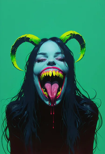 a woman resembling venom, Open mouth, tongue, shadow veiling her eyes, Long Hair, Horns, blushed smiling, Excited, Venom by Conrad Roset, pop art, pop surrealism, dark color graded, very detailed 3d effect, deep image visualisation, extreme depth of field, create a pop-art hyperpunk scene with desaturated dark yellow and neon-green details, colorful (polaroid:0.7) with vibrant colors, (vacations, high resolution:1.3), (small, selective focus, european film:1.2), (sexual advance:1.5), closeup