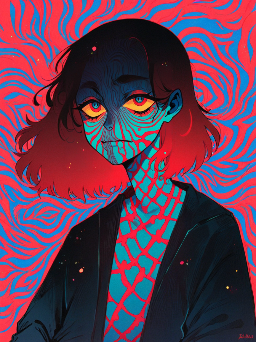 score_9, score_8_up, score_7_up, score_6_up, score_5_up, score_4_up,   <lora:f3nn3rXLP:0.9> f3nn3r, 1girl, colourful, pink, blue, black, red, trippy