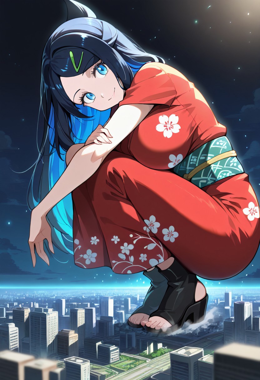 score_9, score_8_up, score_7_up,source_anime, 1girl, adult, women, aaliko, long hair, black hair, colored inner hair, hairclip, blue eyes, kimono-dress, floral pattern, toeless footwear, eyelashes, big breasts, (facial expression, amused, light smile, head tilt, soft eyes), dreamlike atmosphere, glowing edges, mystical, high contrast, ethereal light, light particles, gl0w, glow, detailed eyes, high definition eyes, blurry foreground, city, giantess, masterpiece, best quality, absurdres, ultra detailed, side view,