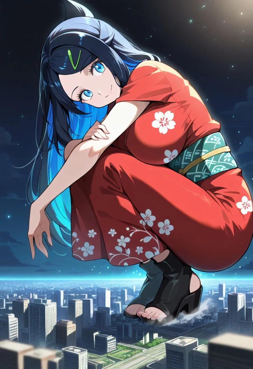 score_9, score_8_up, score_7_up,source_anime, 1girl, adult, women, aaliko, long hair, black hair, colored inner hair, hairclip, blue eyes, kimono-dress, floral pattern, toeless footwear, eyelashes, big breasts, (facial expression, amused, light smile, head tilt, soft eyes), dreamlike atmosphere, glowing edges, mystical, high contrast, ethereal light, light particles, gl0w, glow, detailed eyes, high definition eyes, blurry foreground, city, giantess, masterpiece, best quality, absurdres, ultra detailed, side view,