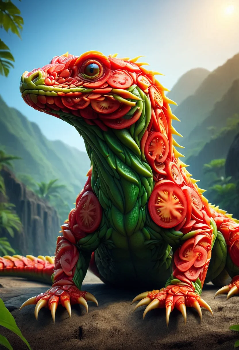A Komodo Dragon, mobe-tomamph, hyper realistic 24mm photo shot, masterpiece, absurdres, vibrant, dynamic angle, dynamic pose, <lora:T0m4t0M0rph-V1:1>,