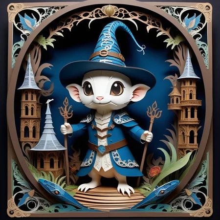 Jed-pprct, <lora:PapercutStyle:1>, Fae (Eel:1.1) Sound engineer, wearing Wizard hat, Historical narrative paintings, raw photo, film grain, (photorealistic, realistic:1.2) , deep shadow, 8k, uhd, dslr, ultra high res masterpiece, full of details, sharp and in focus, highly intricate, cute, colorful, badge, illustrious quality, dynamic dramatic beautiful full taking