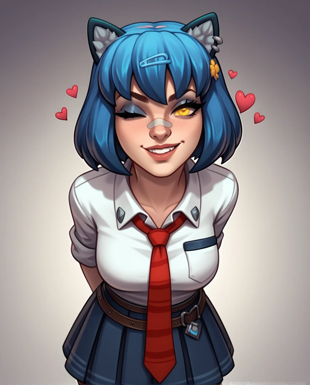 score_9, score_8_up, score_7_up, score_6_up, score_5_up, score_4_up,
BREAK
school_maeve, schoolgirl maeve outfit, bandaid on nose, blue gloves, face shot, dynamic angle, beautiful, smirk, wink, floating heart, hands behind back, leaning forward
BREAK
gradient background, <lora:SchoolMaeve2:0.8>