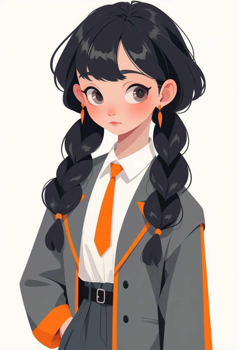 anime, cartoon, 2d flat illustration,   a girl with black hair, twin-braids in a grey and orange suit