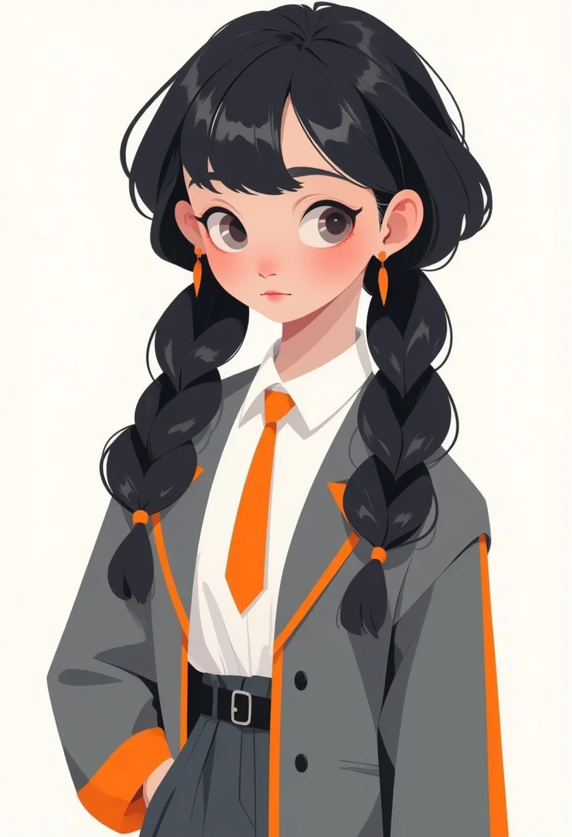 anime, cartoon, 2d flat illustration, a girl with black hair, twin-braids in a grey and orange suit