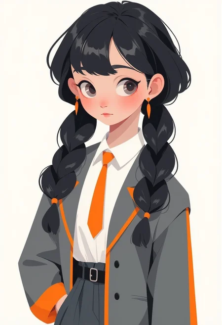 anime, cartoon, 2d flat illustration, a girl with black hair, twin-braids in a grey and orange suit