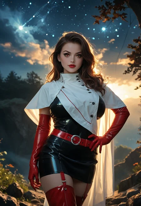 score_9, score_8_up, score_7_up, masterpiece, best quality, absurdres, photo, realistic, extremely detailed, real life photo, detailed background, detailed face, perfect face, perfect hair, perfect face, perfect anatomy, epiCPhoto, zPDXL3, 4esthet1c, eye catching, explicit, uncensored, Rich and realistic skin texture, best quality, exquisite facial features, real skin, realism, rim light, studio lighting, evil villain, (outdoors, from below, starry night, galaxy background, night sky, complex background, many elements in the background, scenery background, chaotic setting, intimate setting, scenic landscape, dynamic lighting, photorealis,tic, cinematic lighting, epic scene:1.3), (darkness, shadows), (innocent, cute, Perfect body:1.4), ((curvy body)), (close up shot:1.5), solo, yukasmt, brown hair, light brown eyes, long hair, black bodysuit, short black skirt, white cape, red belt, red thigh boots, red gloves, elbow gloves, sexy clothes, curvy, big breasts, standing, hand on hip, latex clothing, looking at the viewer, confident, (dramatic pose), perky breasts, thick thighs, mature female, (kawaii:1.3), (gigantic breasts), wide hips, huge ass, skindentation,