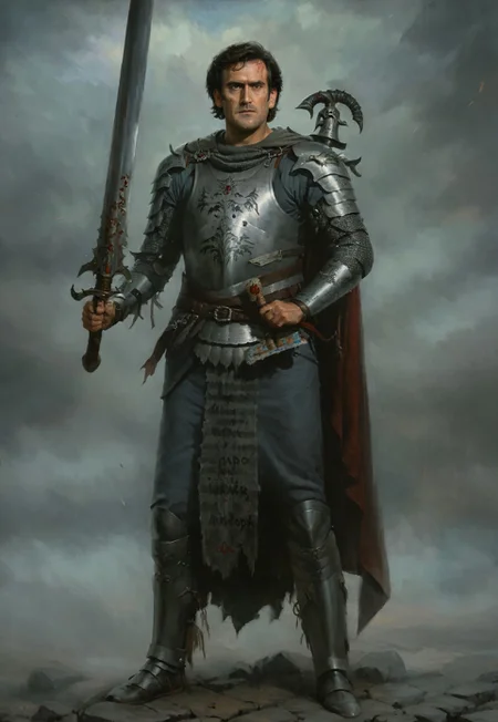 (w4rh4mm3r style oil painting, grimdark), a photo of ashwll man wearing mail armor,full body shot,holding a sword,cinematic,volumetric fog