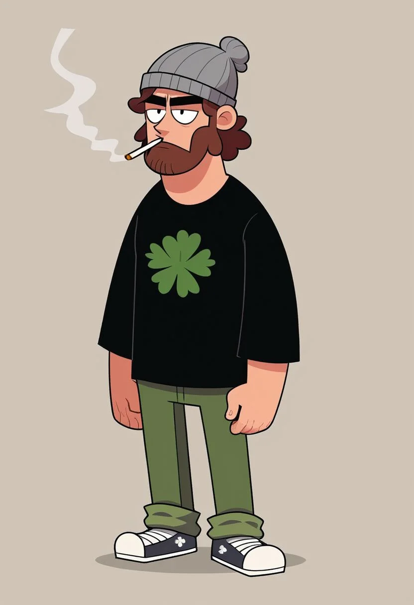 2zdxxps, 1boy, male focus, solo, hat, beanie, grey headwear, brown hair, shirt, simple background, closed mouth, black shirt, full body, smoking, 4 leaf clover, marijuana, weed jokes,, 2 dimensional, flat color, cel shading, source_cartoon, vector art, score_9, score_8_up,