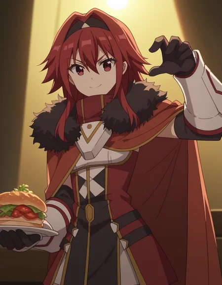 score_9, score_8_up, score_7_up, source_anime, <lora:bofuri-mii-s2-ponyxl-lora-nochekaiser:1>, mii, long hair, bangs, red eyes, hair between eyes, sidelocks, red hair, hairband, black hairband,, gloves, black gloves, cape, armor, fur trim, red cape,, restaurant, laughter, good food, warm lighting, celebration, smile, , arm out, knee up, hand open, solo,, cowboy shot, dutch angle