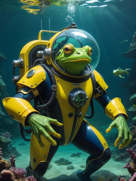 an underwater scene with fantastical humanoid creatures. The foreground depict one green-skinned humanoid with amphibian-like features, wearing a yellow diving suit, bulging eyes, a broad frog-like smile, and is wearing a transparent spherical helmet.