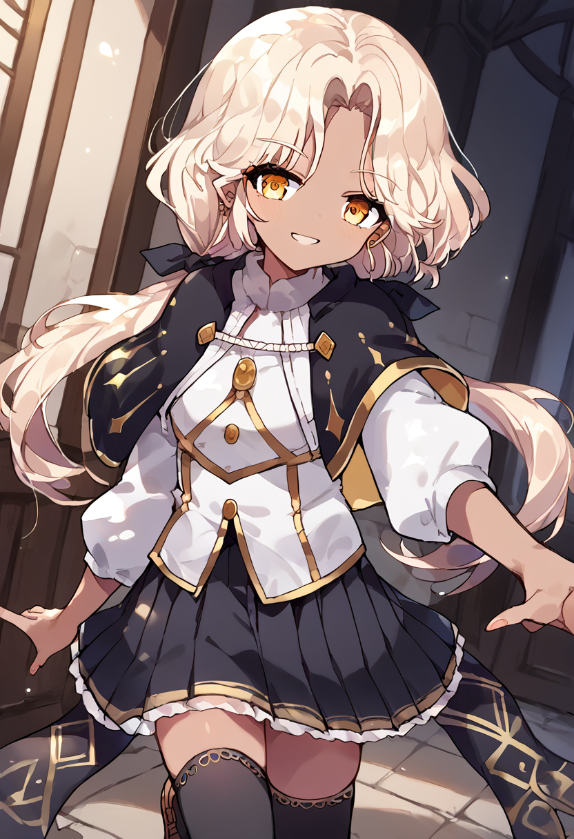 score_9,score_8_up,score_7_up,source_anime,zPDXL3,
*//*,<lora:ArchMageFP_Pony:1>,archmage_fp,1girl,solo,dark skin,dark-skinned female,blonde hair,twintails,low twintails,long hair,yellow eyes,black thighhighs,black skirt,pleated skirt,capelet,brown footwear,striped,light smile,
*//*,looking at viewer,cowboy shot,dutch angle,dynamic pose,