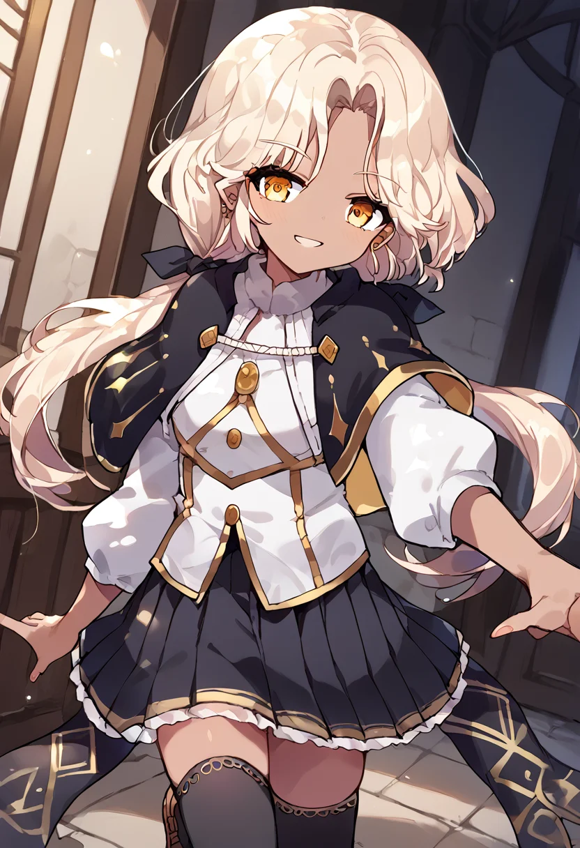 score_9,score_8_up,score_7_up,source_anime,zPDXL3,
*//*,<lora:ArchMageFP_Pony:1>,archmage_fp,1girl,solo,dark skin,dark-skinned female,blonde hair,twintails,low twintails,long hair,yellow eyes,black thighhighs,black skirt,pleated skirt,capelet,brown footwear,striped,light smile,
*//*,looking at viewer,cowboy shot,dutch angle,dynamic pose,