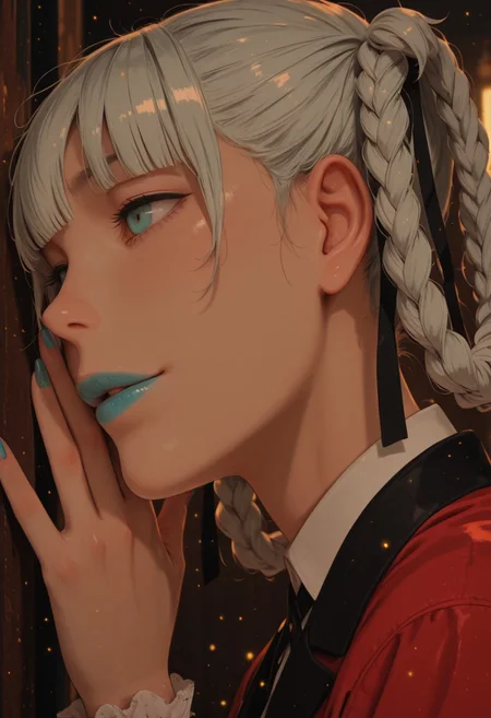 masterpiece, best quality, 32k, high resolution, absurdres
1girl, solo, momobami kirari, short hair, white hair, blunt bangs, twin braids, braided hair rings, hair ribbon, blue eyes, blue lips
long sleeves, blue nails, nail poilsh, blazer, red jacket, suit jacket, white shirt, collared shirt, frilled sleeves, black neck ribbon,
closeup, closeup to face, portrait, outside border
simple background
light particles, dynamic angle, cinematic angle, various angles, detailed background, beautiful background, (rays light:1.0),(grow:1.0) vivid colors, shiny and glossy, anime style, high-res, beautiful aesthetic, very intricate, high-quality details, vibrant,