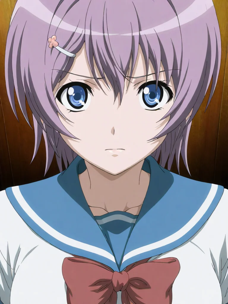 masterpiece,high score,great score,absurdres,solo,anime coloring,looking at viewer,upper_body,<lora:AnnaIchinose hassakuill30:1> annaichinose, purple hair, short hair, hairclip, blue eyes,serafuku,bow,
