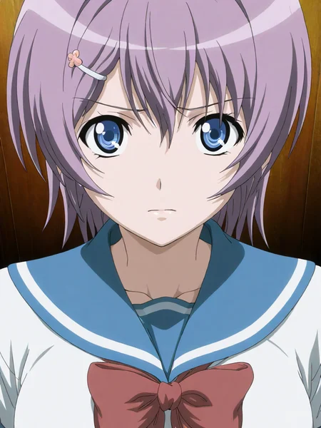 masterpiece,high score,great score,absurdres,solo,anime coloring,looking at viewer,upper_body,<lora:AnnaIchinose hassakuill30:1> annaichinose, purple hair, short hair, hairclip, blue eyes,serafuku,bow,