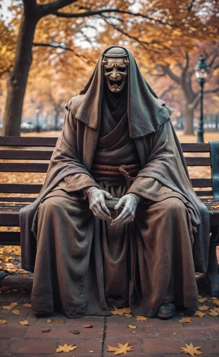 <lora:monk-000004:0.75>,crptedmonk,man sitting on the bench in the park