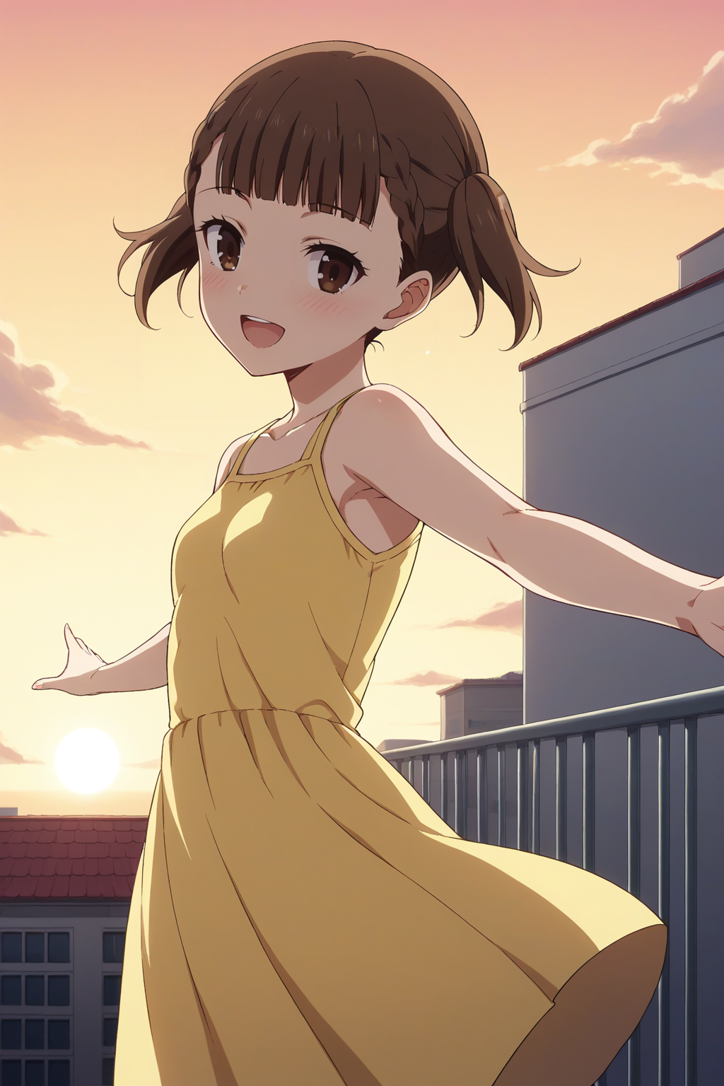 score_9, score_8_up, score_7_up, source_anime, 1girl, prefect lighting, very aesthetic, intricate details, highly detailed background, masterpiece, high quality, prefect hands, best quality, solo,
<lora:Maki_Shijou_Kaguya-sama_Love_Is_War_V1:.85>, KJOmaki, brown hair, brown eyes, blunt bangs, short twintails, 
yellow sundress, 
outstretched arms, from behind, looking back, smile, open mouth, blush, 
rooftop, wind, sunset, 
(Beautiful, small Breasts:1.2), natural breasts,