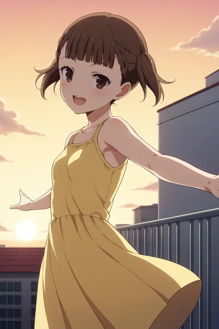 score_9, score_8_up, score_7_up, source_anime, 1girl, prefect lighting, very aesthetic, intricate details, highly detailed background, masterpiece, high quality, prefect hands, best quality, solo,
<lora:Maki_Shijou_Kaguya-sama_Love_Is_War_V1:.85>, KJOmaki, brown hair, brown eyes, blunt bangs, short twintails,
yellow sundress,
outstretched arms, from behind, looking back, smile, open mouth, blush,
rooftop, wind, sunset,
(Beautiful, small Breasts:1.2), natural breasts,