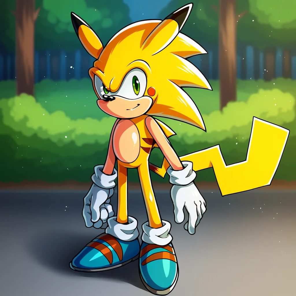 score_9_up, score_8_up, BREAK, source_furry, Sonichu, 1boy, solo, furry, yellow fur, green eyes, tail, white gloves, blue footwear, light particles, <lora:Sonichu_PXL_Leaf1:1>, looking at viewer, depth of field, outdoors, forest,
