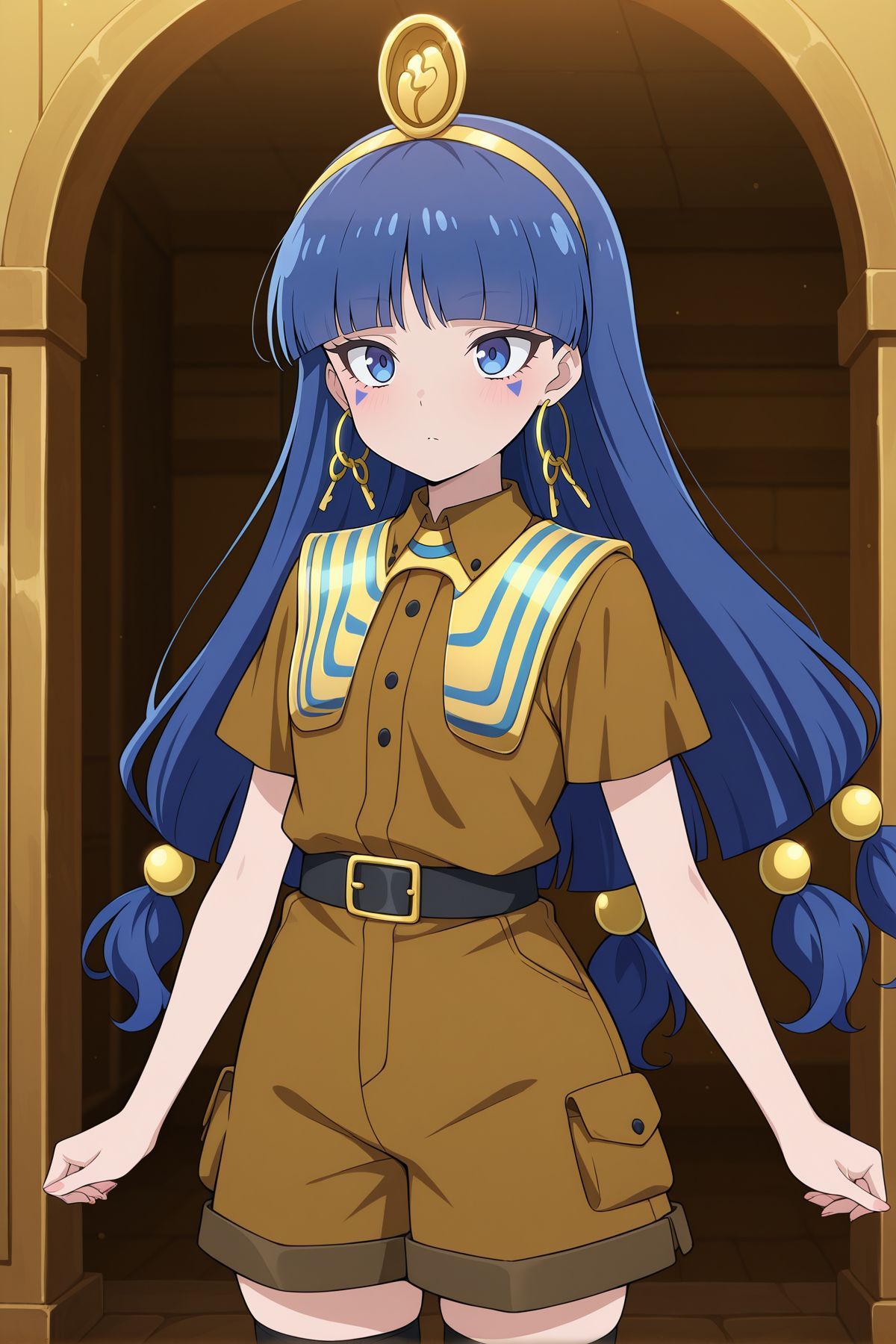 absurdres, highres, masterpiece, best quality, amazing quality, official anime artwork, screencap, anime screencap, 
 <lora:Nareko-Michigami_Illustrious:1> michigami nareko, 1girl, solo, blue eyes, blue hair, low-tied long hair, blunt bangs, triangle facial mark,, gold headdress, hair ornament, hoop earrings, usekh collar, gold jewelry, brown shirt, gold armlet, brown shorts, black thighhighs,