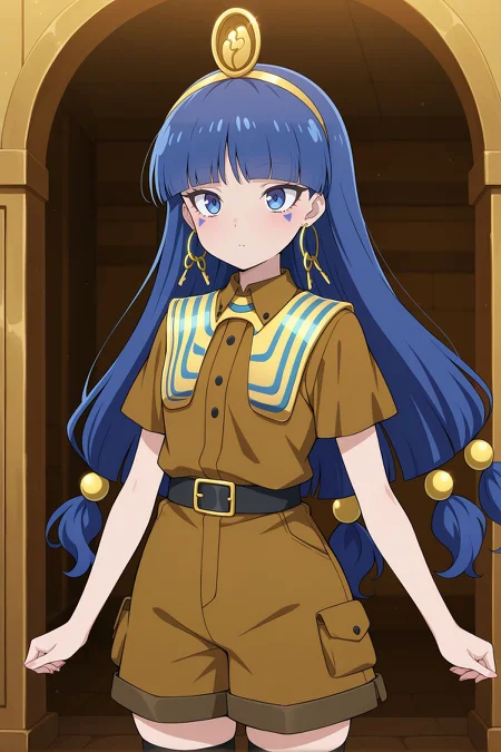 absurdres, highres, masterpiece, best quality, amazing quality, official anime artwork, screencap, anime screencap, 
 <lora:Nareko-Michigami_Illustrious:1> michigami nareko, 1girl, solo, blue eyes, blue hair, low-tied long hair, blunt bangs, triangle facial mark,, gold headdress, hair ornament, hoop earrings, usekh collar, gold jewelry, brown shirt, gold armlet, brown shorts, black thighhighs,