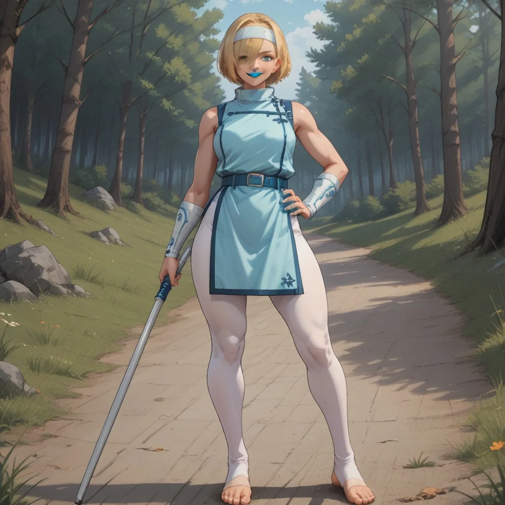 score_9, score_8, BREAK, solo, falke, aqua eyes, blonde hair, short hair, aqua lipstick, aqua lips, hair over one eye, Aqua nails, white headband, white bodysuit, collarbone, white turtleneck, belt, bracer, short pelvic curtain, toeless footwear, Golden belt buckle, sexy pose, self portrait, smile, outdoors, sunlight, shadows, evening lighting, natural lighting, forest, trees, grass, orange sky, sunset