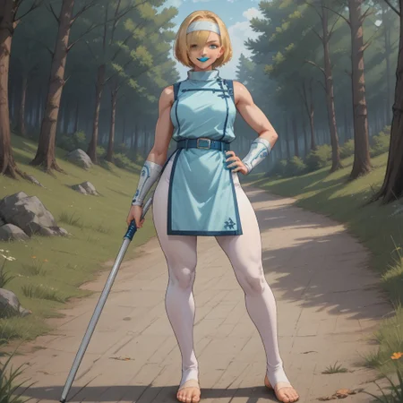 score_9, score_8, BREAK, solo, falke, aqua eyes, blonde hair, short hair, aqua lipstick, aqua lips, hair over one eye, Aqua nails, white headband, white bodysuit, collarbone, white turtleneck, belt, bracer, short pelvic curtain, toeless footwear, Golden belt buckle, sexy pose, self portrait, smile, outdoors, sunlight, shadows, evening lighting, natural lighting, forest, trees, grass, orange sky, sunset