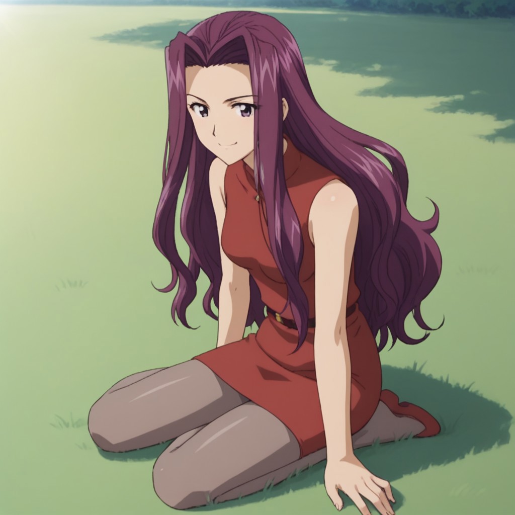 score_8, score_9, break, solo, Kagurazaki_Miyabi, purple hair, long hair, dress, pantyhose, sitting, grass, smile, natural lighting