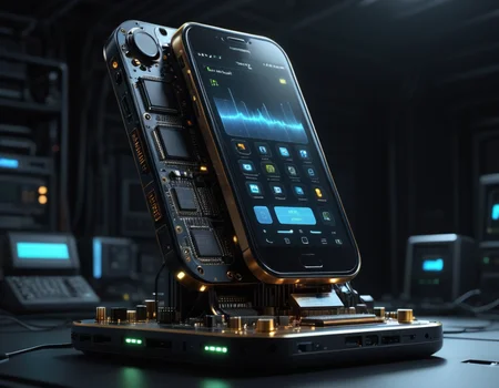 The most modern cell phone in the world. mboard artstyle. Product photography. <lora:Motherboard artstyle - trigger is mboard artstyle:1>,