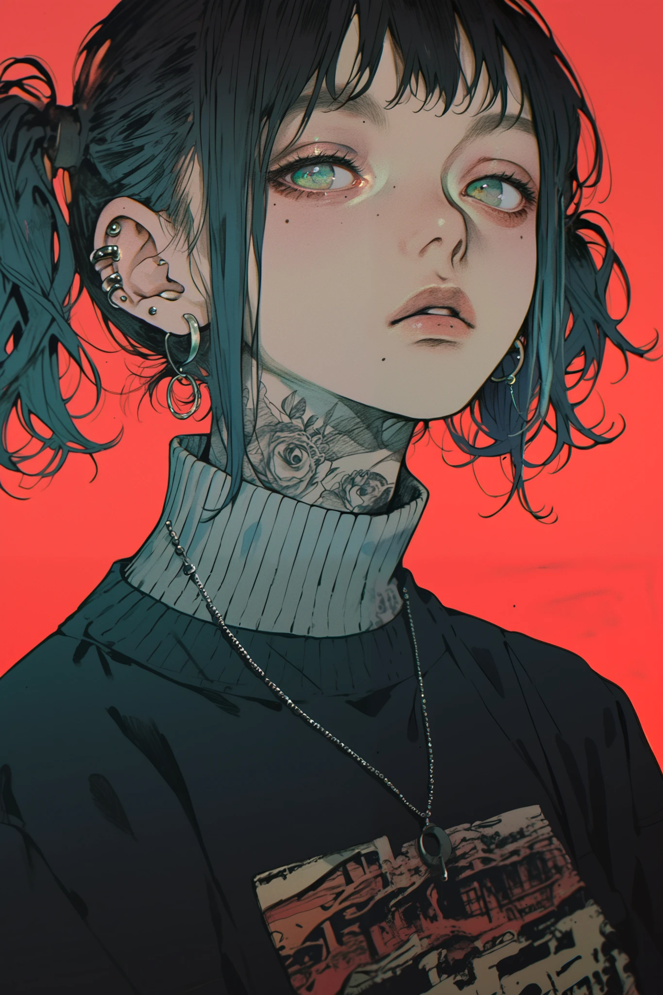 score_9, score_8_up, score_7_up, score_6_up, score_5_up, score_4_up, solo, Urban reflection, anime drawing of a girl, wearing an turtleneck sweater, red background, 1girl, solo, jewelry, twintails, piercing, earrings, mole, necklace, ear piercing, turtleneck, tattoos, EOP,