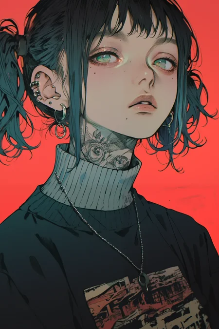 score_9, score_8_up, score_7_up, score_6_up, score_5_up, score_4_up, solo, Urban reflection, anime drawing of a girl, wearing an turtleneck sweater, red background, 1girl, solo, jewelry, twintails, piercing, earrings, mole, necklace, ear piercing, turtleneck, tattoos, EOP,