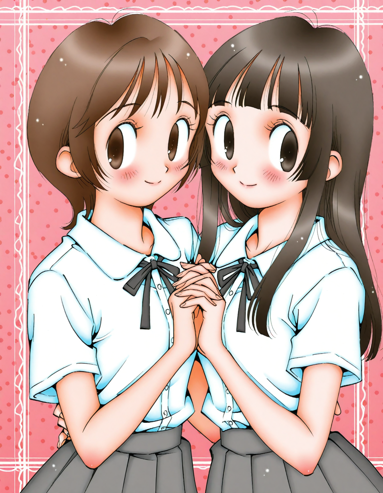 2girls,yuri,long hair,short hair,smile,yuri,hands to hands,looking at viewer,
<lora:sorekara_style:1><lora:NoobV065sHyperDmd:1>