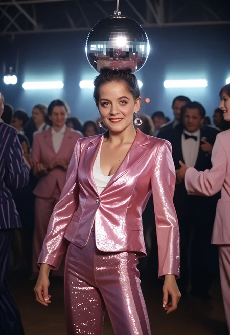 score_9, score_8_up, score_7_up, D4NC3RS, A woman in a glittery pink suit BREAK disco ball, night club, dancing, studio photography, detailed Nikon X3460, cinematic angle, cinematic lighting,