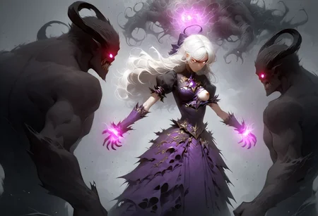 easynegative, depth of field, dynamic pose, ruined city, detailed background, Expressiveh, score_9, score_8_up, score_7_up, BREAK, solo, masterpiece, dark aura, a 20-year-old magical girl fueled by eldritch deities, angry expression, long hair, white hair, medium breasts, glowing white eyes, surrounded by monsters, 4monsters, monster, attacking, idol dress, black and purple outfit, dark powers, torn clothes, one exposed breast, gothic, swirling miasmic energy, Chern4byl enviroment, ruined city in the background